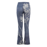 Elegant Women Floral Printed Jeans Plus Size S-5XL Female Straight High Waist Wide Leg Pants Slim Fit Casual Trendy Flare Pants