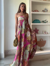 Retro Printed Strapless Long Dress Fashion Women's Sleeveless Off Shoulder Pleated Vestidos 2025 Summer Lady Beach Party Robes