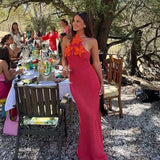 Sexy Crochet Hollow Out Long Halter Dress Women 3D Flower Backless Sleeveless Beach Dresses 2025 Summer Lady Vacation Robes New