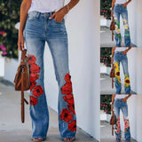 Y2K Ladies Retro Flared Pants Baggy Jeans Women Floral Printed Slim-Fit Denim Trousers Pantalones Streetwear джинсы женский
