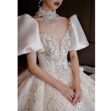 Glitter Satin Wedding Dress With High Neck EDL54