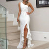 Ladies Sexy Slash Neck Ruched Evening Dresses Women Irregular Ruffles Formal Dress Slim Bodycon Solid Prom Dresses Evening Party