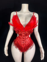 Sparkly Rhinestone Sequin Feather Bodysuit Showgirl Stage Performance Leotard