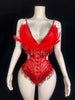 Sparkly Rhinestone Sequin Feather Bodysuit Showgirl Stage Performance Leotard