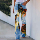 Jeans For Women High Waist Cargo Pants Bootcut Distressed Flared Denim Print Pants Flower Print Faux Denim Jeans Джинсы Женский