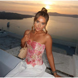 Retro Printed Strapless Long Dress Fashion Women's Sleeveless Off Shoulder Pleated Vestidos 2025 Summer Lady Beach Party Robes