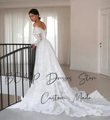 BOMP Elegant Lace Wedding Dress Sweetheart Off Shoulder Full Sleeves Sweep Train Ivory Bridal Gown Customized Robe De Mariée