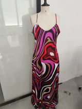Chic Print Sling Long Dress Women Sleevless Backless Side Split Party Dresses 2025 Summer Street Beach Lady Ankle-length Robes