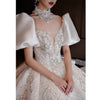 Glitter Satin Wedding Dress With High Neck EDL54