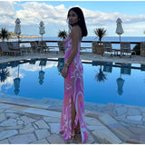 Chic Print Sling Long Dress Women Sleevless Backless Side Split Party Dresses 2025 Summer Street Beach Lady Ankle-length Robes