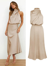 Summer Luxury Sleeveless Silk Satin Long Dress Women Elegant Off Shoulder Celebrity Evening Dress Partywear Lady Trumpet Dress