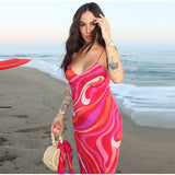 Chic Print Sling Long Dress Women Sleevless Backless Side Split Party Dresses 2025 Summer Street Beach Lady Ankle-length Robes