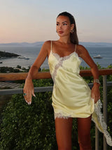 Yellow Satin Lace Splicing Sling Dress Women Elegant Irregular Hem V Neck Backless Sleeveless Gown Chic Women Party Club Vestido