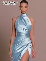 Ladies Summer Satin Evening Birthday Party Dresses Women Sleeveless Backless Halter Side Slit Elegant Long Dress Mowan Clothes
