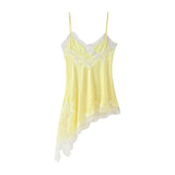 Yellow Satin Lace Splicing Sling Dress Women Elegant Irregular Hem V Neck Backless Sleeveless Gown Chic Women Party Club Vestido