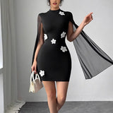 Sexy Elegant Evening Party Dresses Round Neck Pit Stripe Pearl Chiffon Cape Sleeve Wrapped Hip Dress New Fashion 2025 Casual