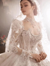 Crystal Long Sleeve Puffy Luxury Bridal Gowns EDL102