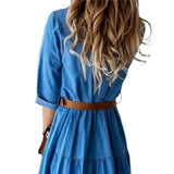 Denim Dress Three Quarter Sleeve with Belt Turn-down Collar Spring Autumn Buttons Ruffle Jeans Dresses for women 2023