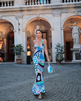 Chic Print Sling Long Dress Women Sleevless Backless Side Split Party Dresses 2025 Summer Street Beach Lady Ankle-length Robes