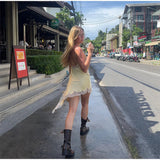 Yellow Satin Lace Splicing Sling Dress Women Elegant Irregular Hem V Neck Backless Sleeveless Gown Chic Women Party Club Vestido