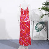 Chic Print Sling Long Dress Women Sleevless Backless Side Split Party Dresses 2025 Summer Street Beach Lady Ankle-length Robes