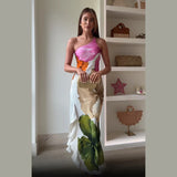 Retro Printed Strapless Long Dress Fashion Women's Sleeveless Off Shoulder Pleated Vestidos 2025 Summer Lady Beach Party Robes