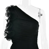Articat Elegant Sleeveless Slant Shoulder Flower Dress Women Spring/Summer 2025 Sexy Mesh Wrap Hip Dress Party Evening Dress