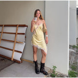 Yellow Satin Lace Splicing Sling Dress Women Elegant Irregular Hem V Neck Backless Sleeveless Gown Chic Women Party Club Vestido
