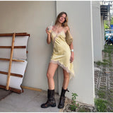 Yellow Satin Lace Splicing Sling Dress Women Elegant Irregular Hem V Neck Backless Sleeveless Gown Chic Women Party Club Vestido