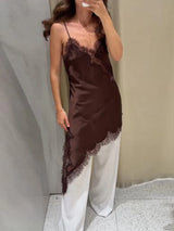 Yellow Satin Lace Splicing Sling Dress Women Elegant Irregular Hem V Neck Backless Sleeveless Gown Chic Women Party Club Vestido