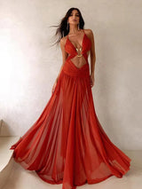 Sexy Hollow Out Party Dress Sleeveless Backless Mesh Maxi Female Evening Dresses 2025 Spring Summer Club Beach Slip Lady Robe