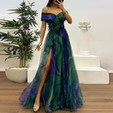 Women 2025 Pattern High Waist Party Dress Sexy Slit Mesh Cocktail Gala Dress Fashion One Shoulder Female Pleated Evening Dress