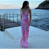 Chic Print Sling Long Dress Women Sleevless Backless Side Split Party Dresses 2025 Summer Street Beach Lady Ankle-length Robes