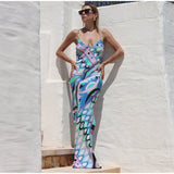 Chic Print Sling Long Dress Women Sleevless Backless Side Split Party Dresses 2025 Summer Street Beach Lady Ankle-length Robes