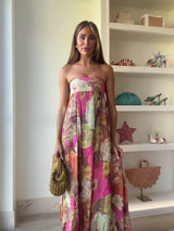 Retro Printed Strapless Long Dress Fashion Women's Sleeveless Off Shoulder Pleated Vestidos 2025 Summer Lady Beach Party Robes