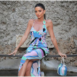 Chic Print Sling Long Dress Women Sleevless Backless Side Split Party Dresses 2025 Summer Street Beach Lady Ankle-length Robes