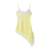 Yellow Satin Lace Splicing Sling Dress Women Elegant Irregular Hem V Neck Backless Sleeveless Gown Chic Women Party Club Vestido