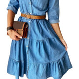 Denim Dress Three Quarter Sleeve with Belt Turn-down Collar Spring Autumn Buttons Ruffle Jeans Dresses for women 2023