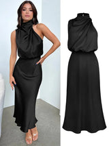Summer Luxury Sleeveless Silk Satin Long Dress Women Elegant Off Shoulder Celebrity Evening Dress Partywear Lady Trumpet Dress