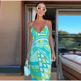 Chic Print Sling Long Dress Women Sleevless Backless Side Split Party Dresses 2025 Summer Street Beach Lady Ankle-length Robes