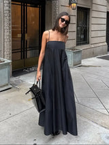 Solid Backless Spaghetti Strap Dress Women's Fashion Loose High Waist A-line Vestidos Summer Lady Holiday Street Robes 2025 New