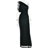 Articat Elegant Sleeveless Slant Shoulder Flower Dress Women Spring/Summer 2025 Sexy Mesh Wrap Hip Dress Party Evening Dress