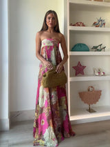 Retro Printed Strapless Long Dress Fashion Women's Sleeveless Off Shoulder Pleated Vestidos 2025 Summer Lady Beach Party Robes