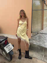 Yellow Satin Lace Splicing Sling Dress Women Elegant Irregular Hem V Neck Backless Sleeveless Gown Chic Women Party Club Vestido
