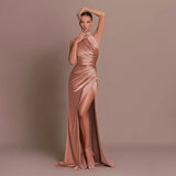Ladies Summer Satin Evening Birthday Party Dresses Women Sleeveless Backless Halter Side Slit Elegant Long Dress Mowan Clothes