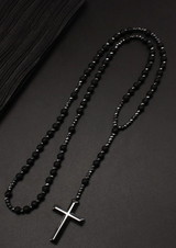 Black Beaded Cross Necklace – Sleek Gothic-Inspired Rosary Style - treasures-4-u-2-day