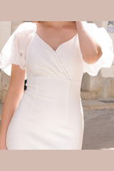 Diana V-Neckline Puff Sleeve Ruffle Hem Midi Dress (White) - treasures-4-u-2-day