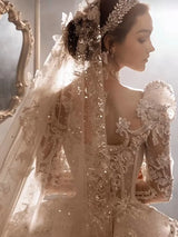 Crystal Long Sleeve Puffy Luxury Bridal Gowns EDL102