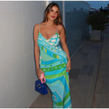 Chic Print Sling Long Dress Women Sleevless Backless Side Split Party Dresses 2025 Summer Street Beach Lady Ankle-length Robes