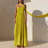 Elegant Strapless Ribbon Long Dress Women Sexy Sleeveless Backless Pleated Party Dresses 2024 Summer Lady Sexy Evening Robes New